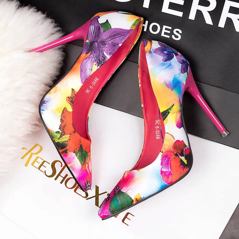 Women summer spring satin thin high heels printing flowers classic high pointed toe women pumps women shoes