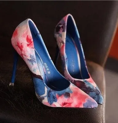 Women summer spring satin thin high heels printing flowers classic high pointed toe women pumps women shoes