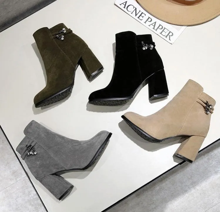 Women's Large Size Chunky Heel Side Zipper Short Boots BS11