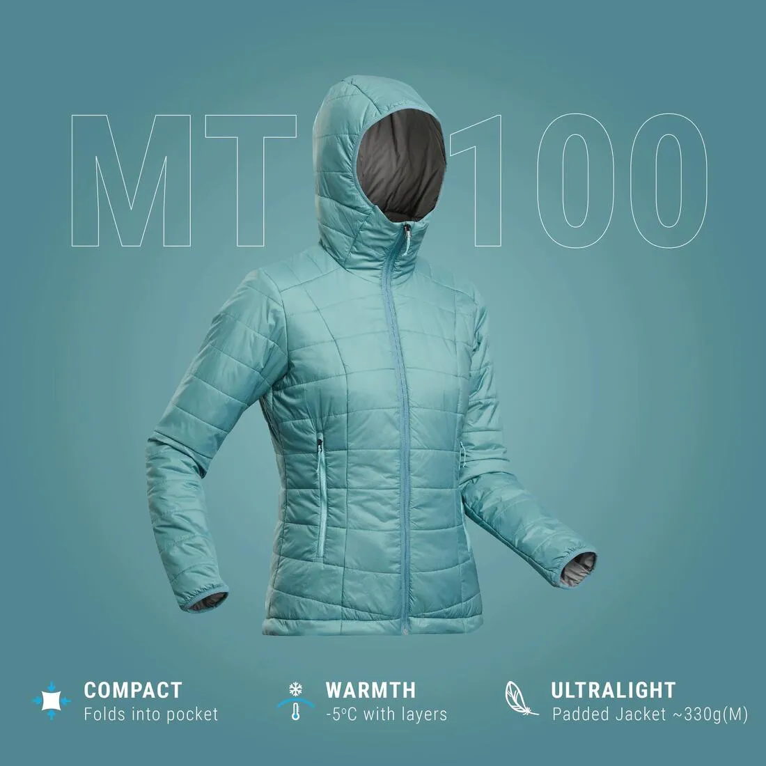 Women's Mountain Trekking Padded Jacket with Hood - MT100 -5°C