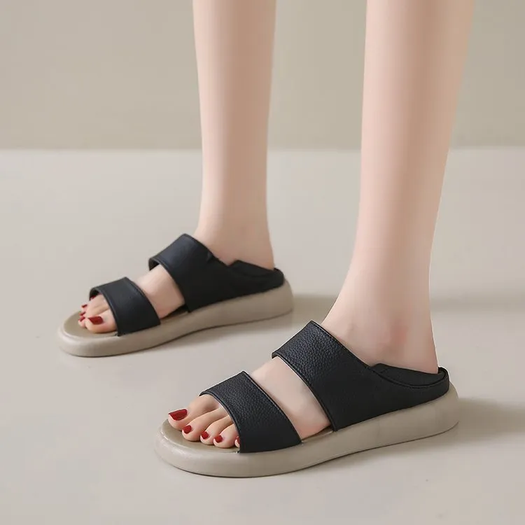 XIEYINSHE  Women's Sandals  Summer New Soft Leather Flat Bottom Sandals Retro round Toe Women's Shoes Two-Way Roman Sandals Women's Wholesale